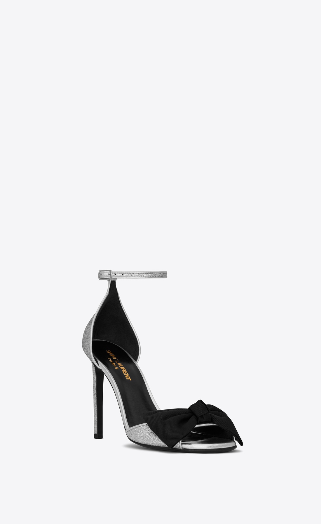 Saint Laurent Classic JANE 105 Ankle Strap Bow Sandal In Silver Metallic Woven Glitter Fabric