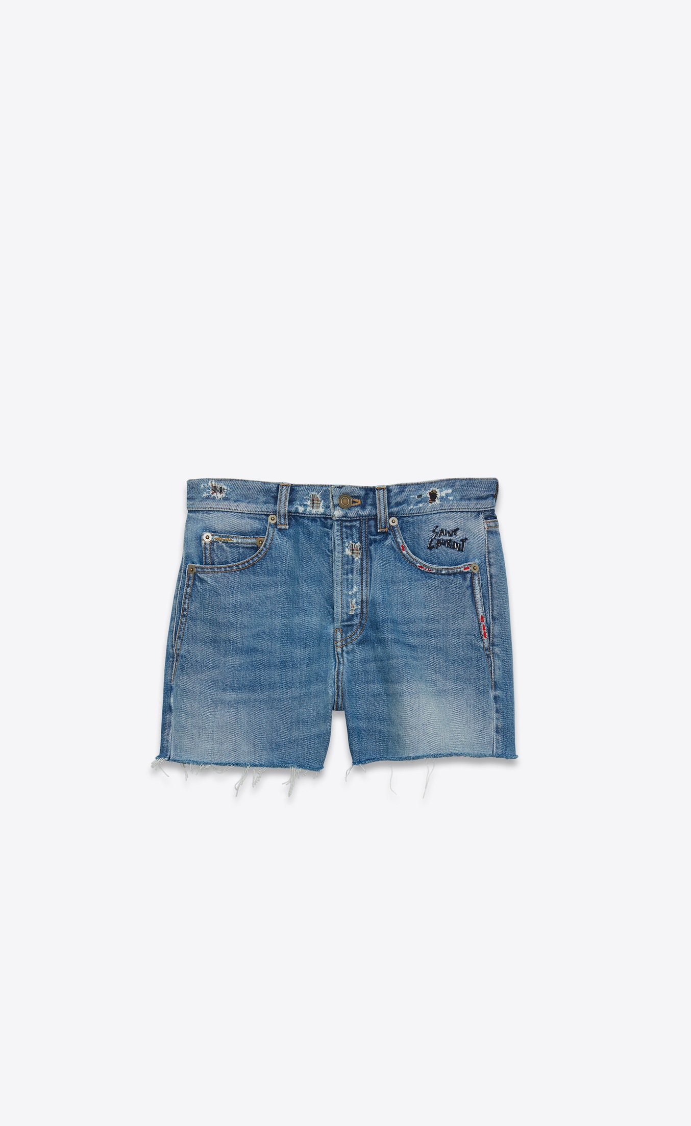 Saint Laurent Slim Embroidered Shorts In Vintage Blue Denim | YSL.com