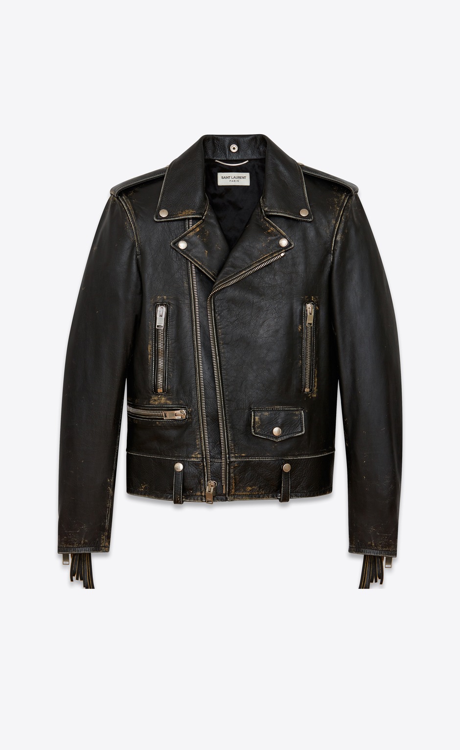Saint Laurent Classic Fringed Motorcycle Jacket In Black And Beige ...