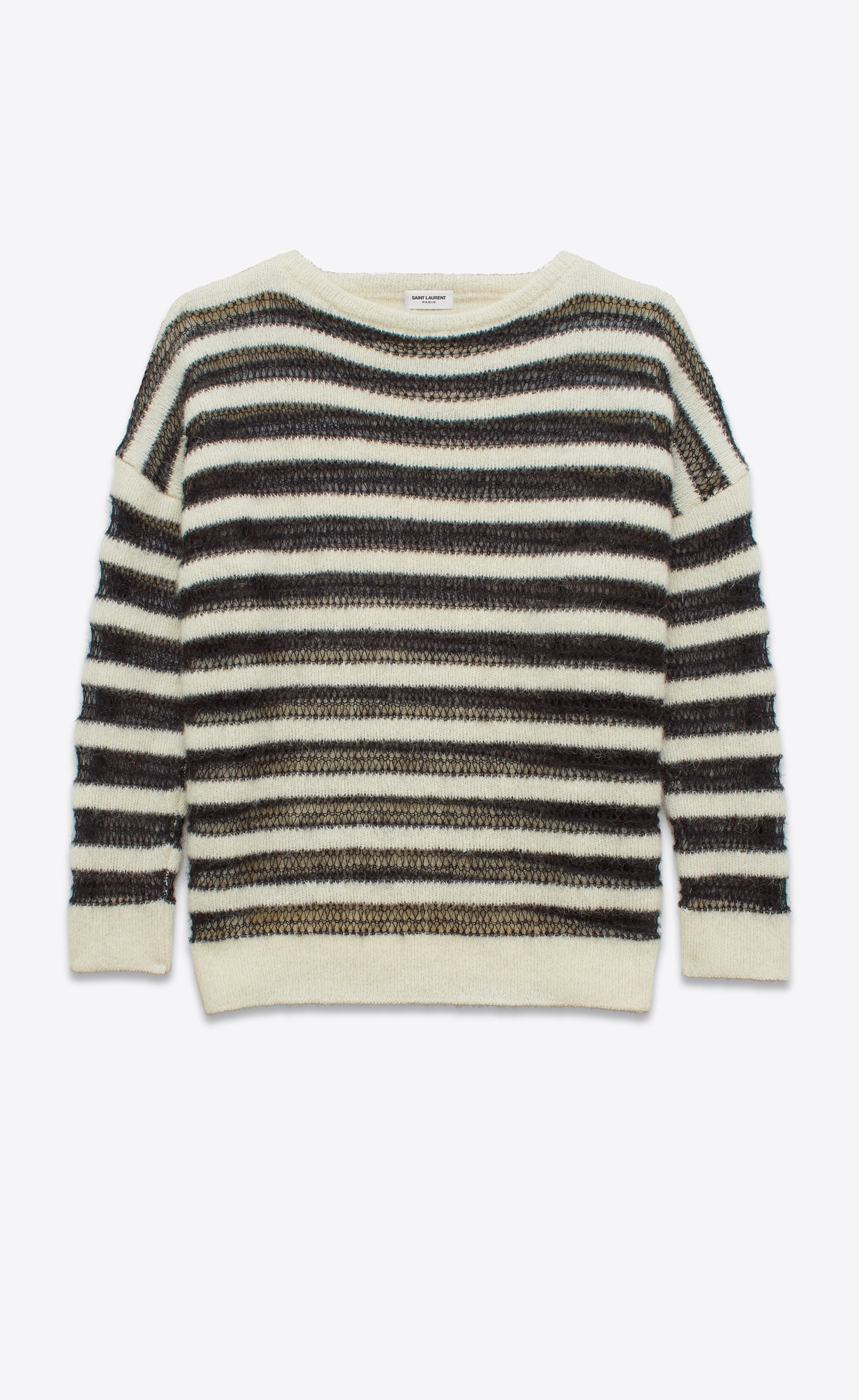 Saint Laurent Bateau Neckline Sweater In Ivory And Black Striped Mohair ...