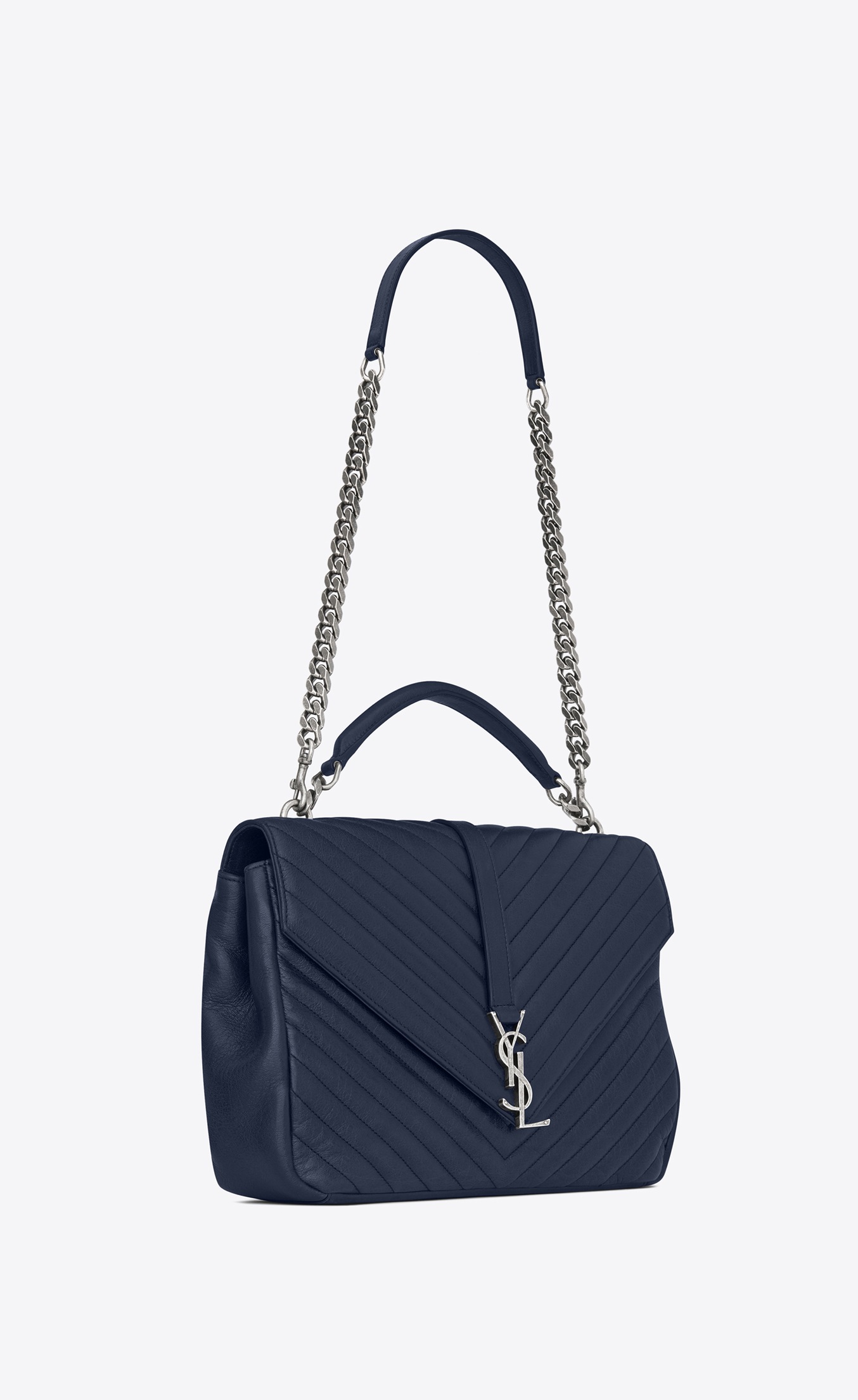 Saint Laurent Large Collège Bag In Navy Blue Matelassé Leather