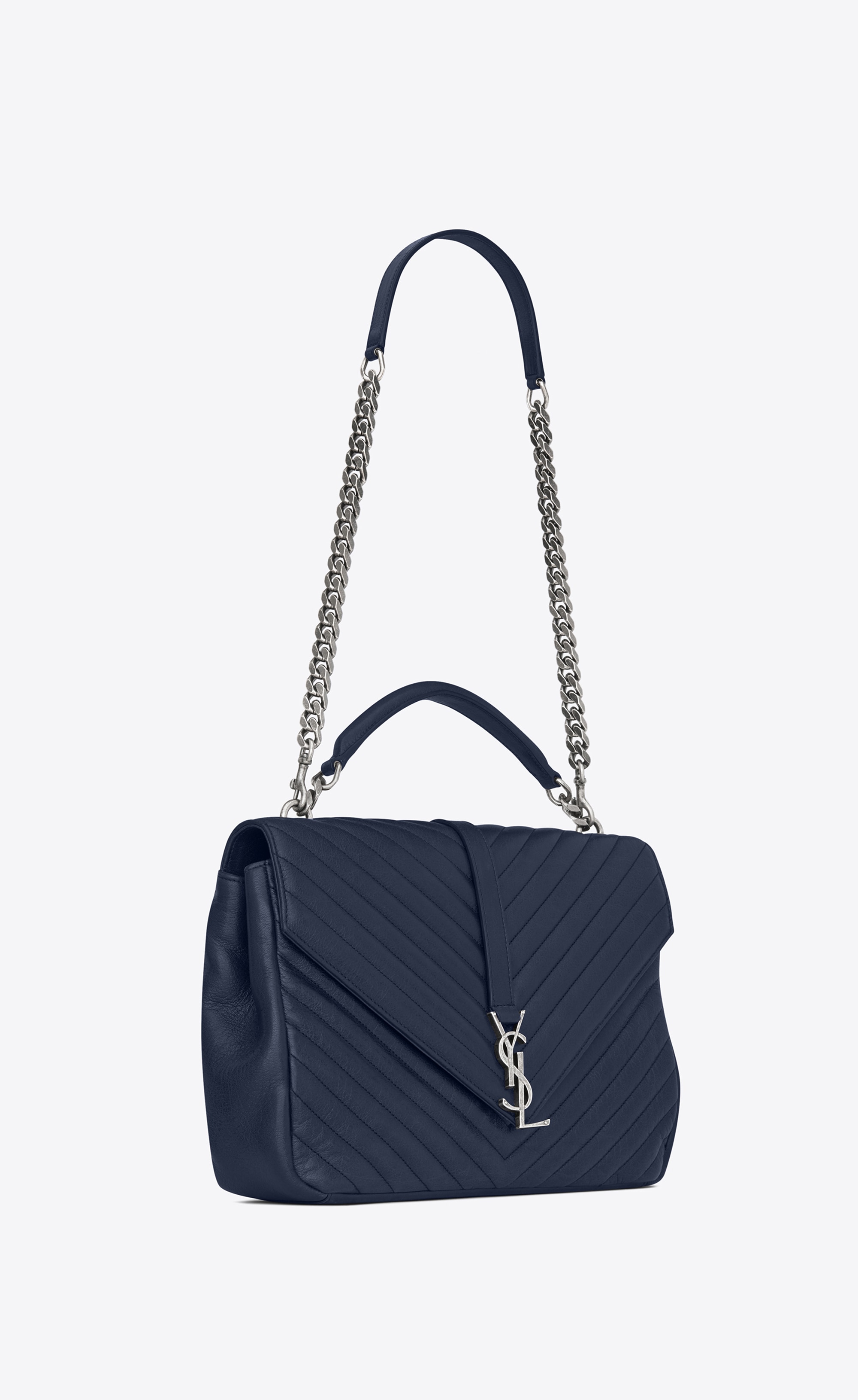 Saint Laurent Large Collège Bag In Navy Blue Matelassé Leather