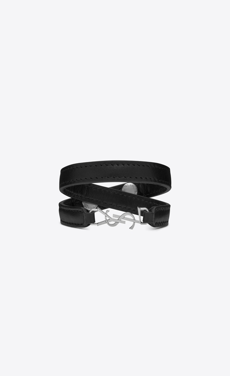 Saint Laurent Ysl Double Wrap Bracelet In Black Leather And Silver ...